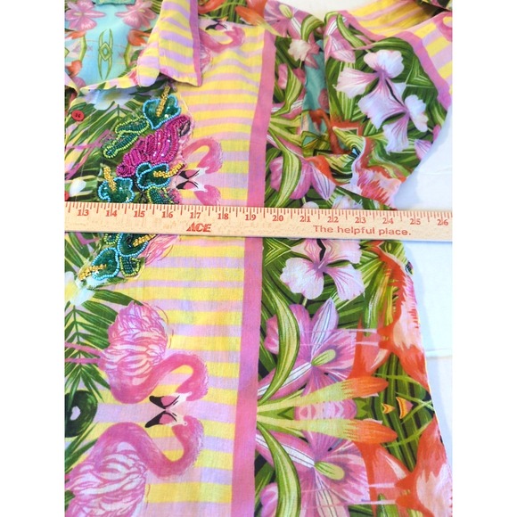 Antica Sartoria Flamingo Beaded Shirt Blouse 2X Cotton Button Up Boho Chic Beach - Picture 9 of 10